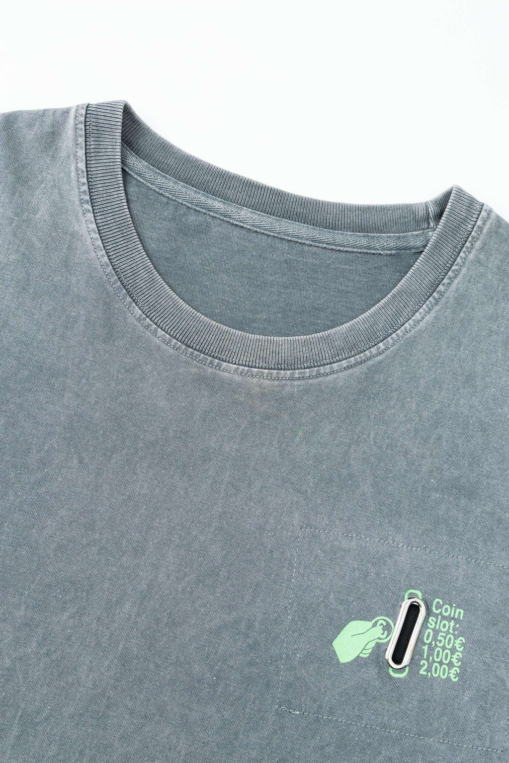 Hand-sewn grey t-shirt with Spanish telephone booth design featuring screen print, silicone print, jacquards, and vinyl details