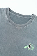 Hand-sewn grey t-shirt with Spanish telephone booth design featuring screen print, silicone print, jacquards, and vinyl details