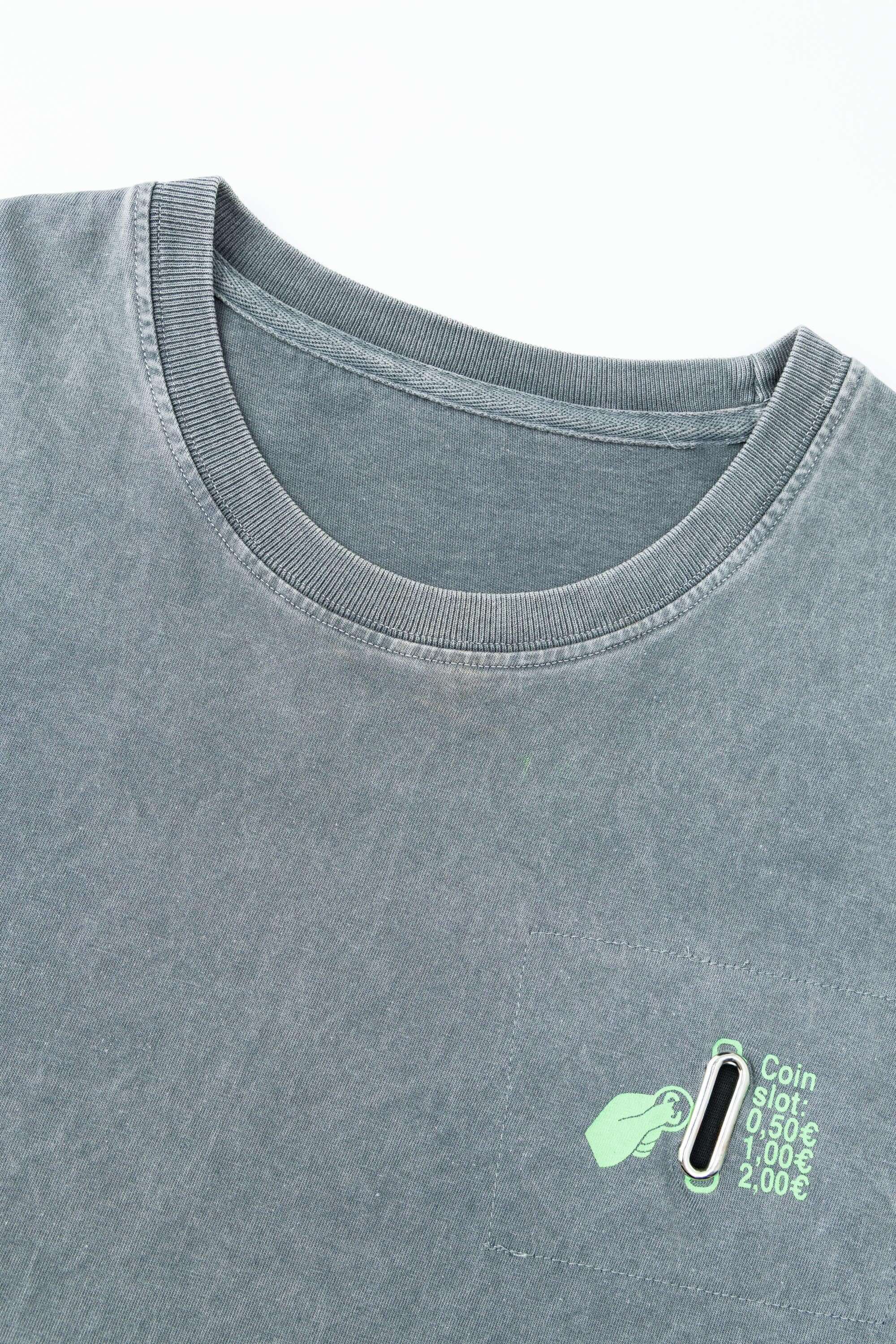 Hand-sewn grey t-shirt with Spanish telephone booth design featuring screen print, silicone print, jacquards, and vinyl details