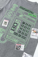 Hand-sewn grey t-shirt with Spanish telephone booth design featuring screen print, silicone print, jacquards, and vinyl details