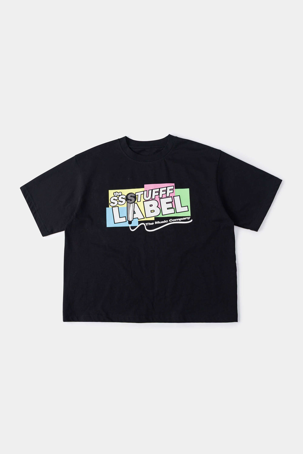Black t-shirt with microphone graphic featuring mesh fabric detail on microphone top