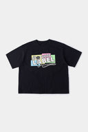 Black t-shirt with microphone graphic featuring mesh fabric detail on microphone top