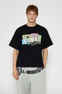 Black t-shirt with microphone graphic featuring mesh fabric detail on microphone top