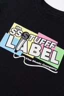 Black t-shirt with microphone graphic featuring mesh fabric detail on microphone top