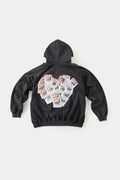 Vintage black zip-up hoodie with LED-lit TPU cat logo on chest and hand-sewn missing cat patches on back