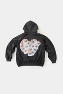 Vintage black zip-up hoodie with LED-lit TPU cat logo on chest and hand-sewn missing cat patches on back