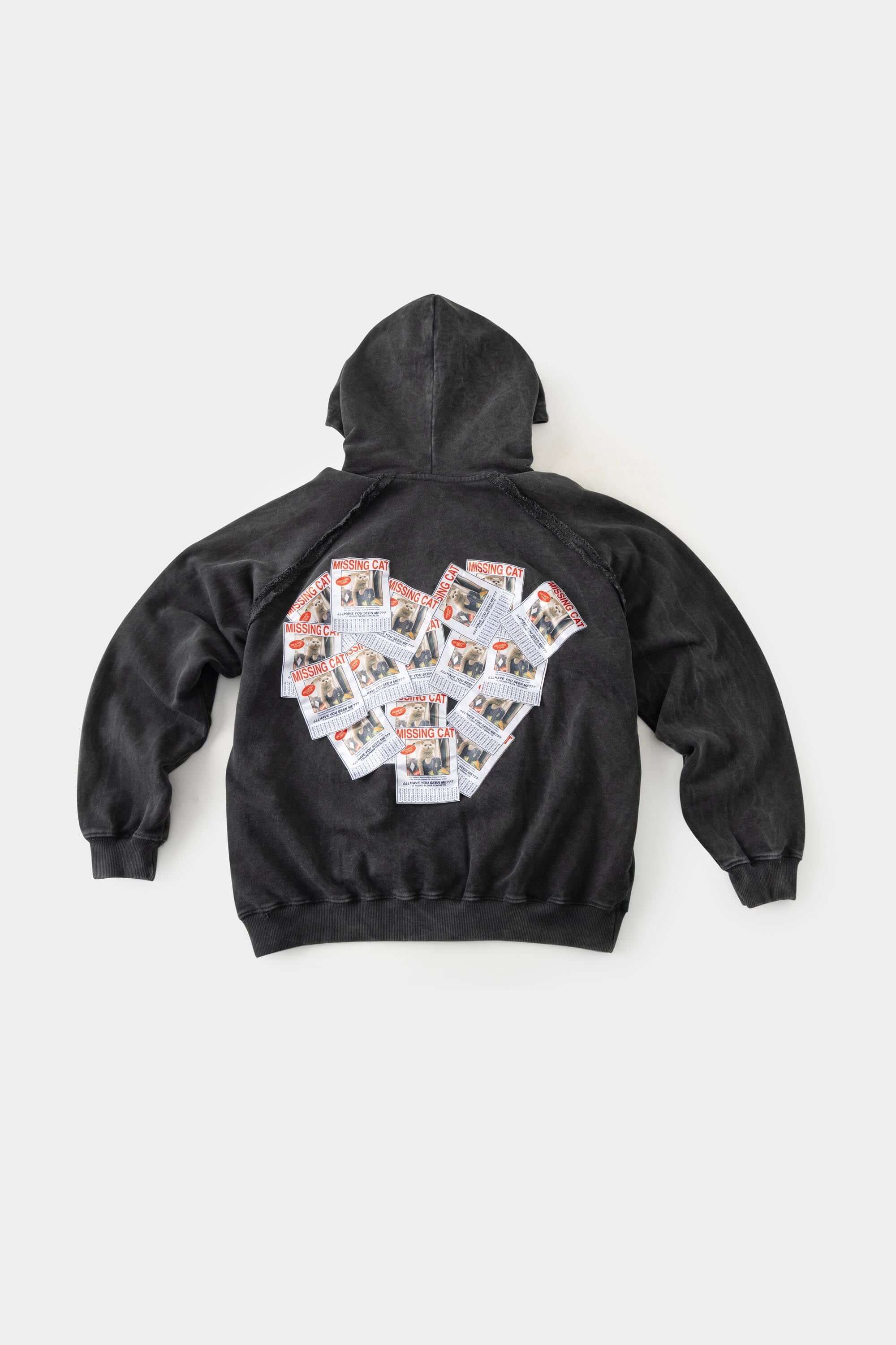 Vintage black zip-up hoodie with LED-lit TPU cat logo on chest and hand-sewn missing cat patches on back