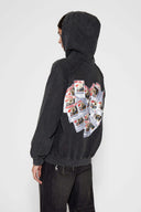 Vintage black zip-up hoodie with LED-lit TPU cat logo on chest and hand-sewn missing cat patches on back
