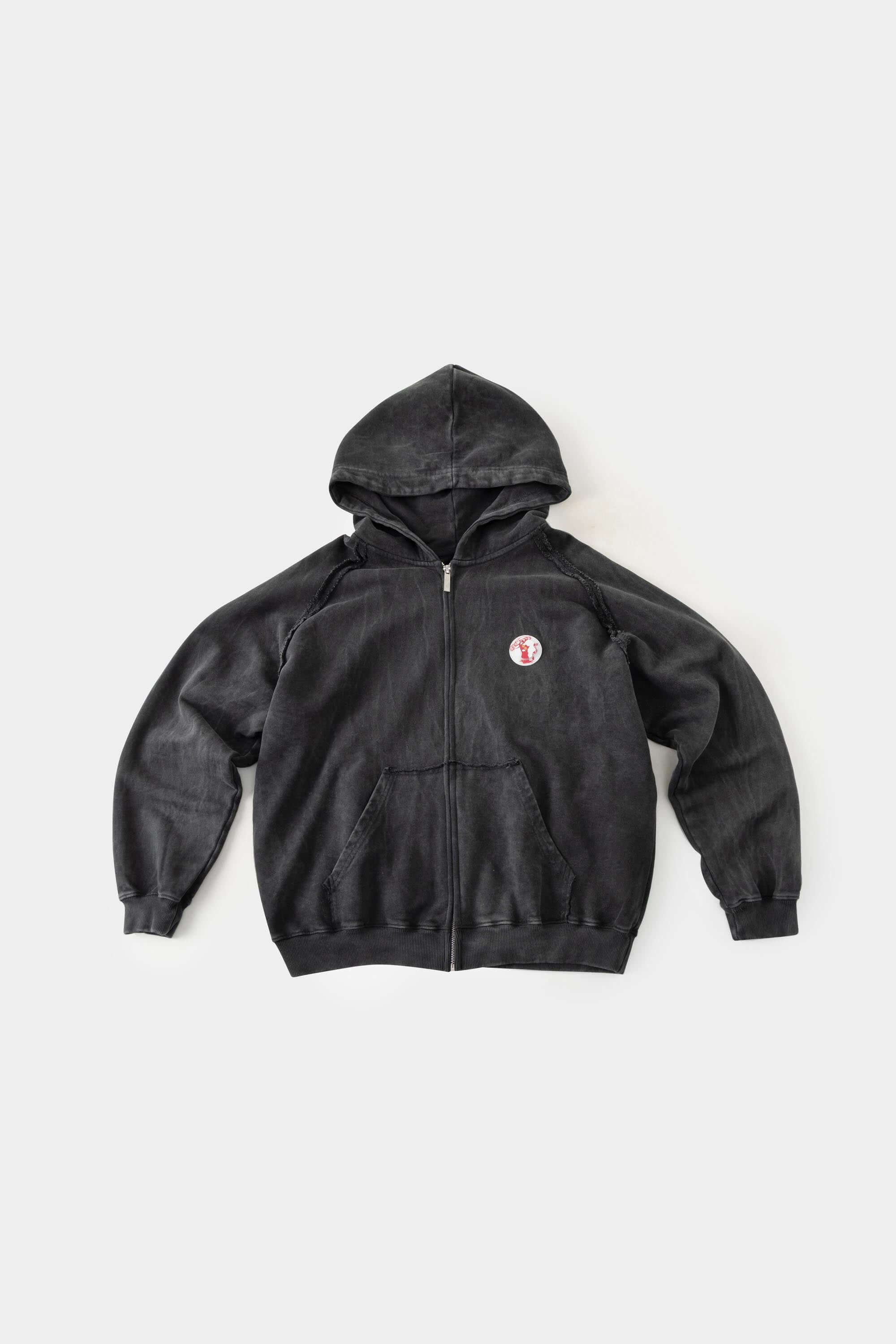 Vintage black zip-up hoodie with LED-lit TPU cat logo on chest and hand-sewn missing cat patches on back