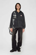 Vintage black zip-up hoodie with LED-lit TPU cat logo on chest and hand-sewn missing cat patches on back