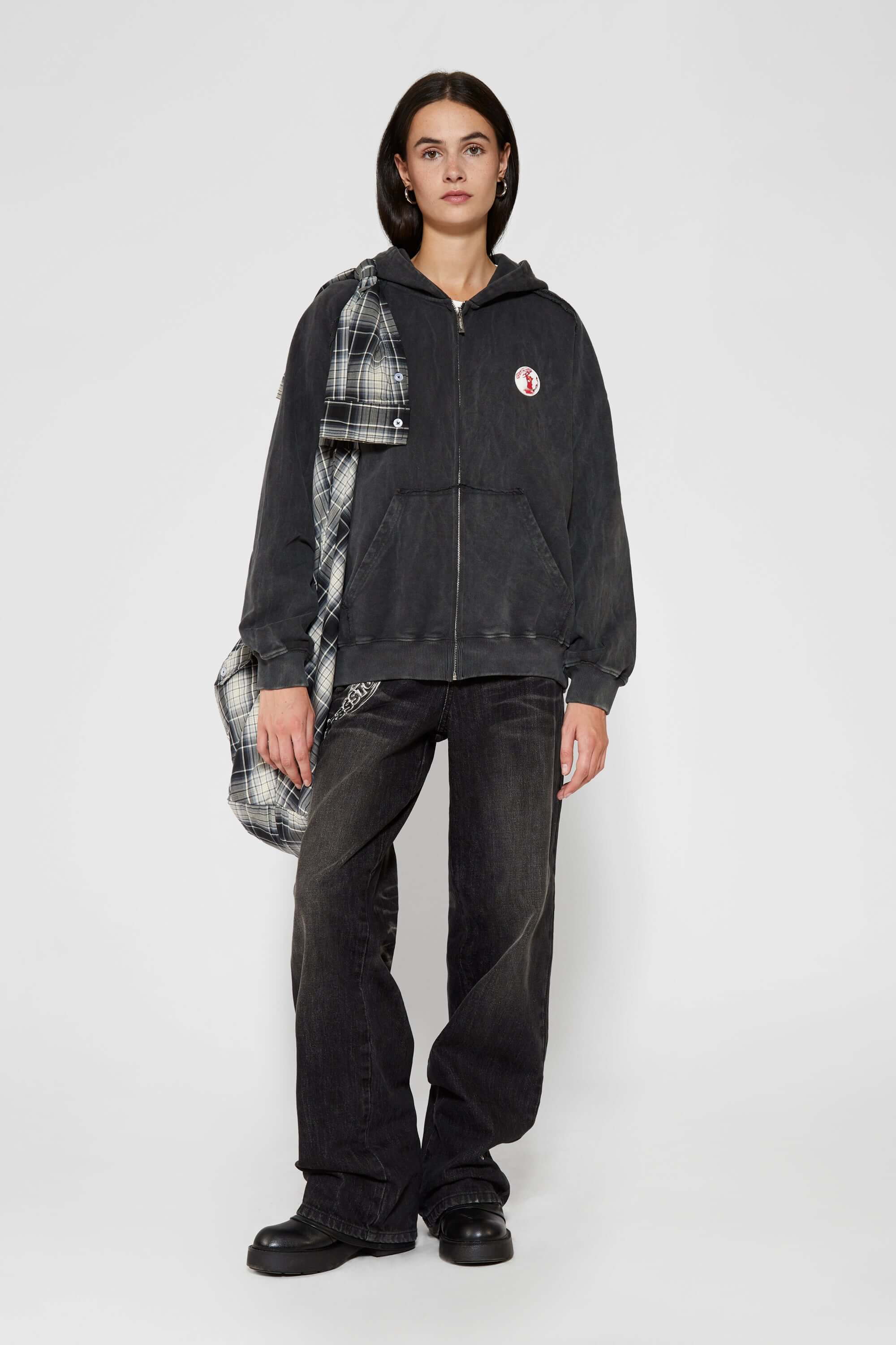 Vintage black zip-up hoodie with LED-lit TPU cat logo on chest and hand-sewn missing cat patches on back