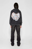 Vintage black zip-up hoodie with LED-lit TPU cat logo on chest and hand-sewn missing cat patches on back