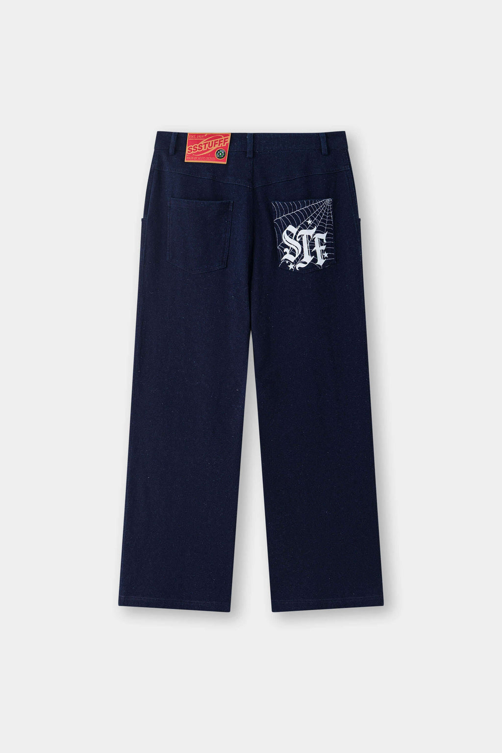 Denim-effect sweatpants with gothic STF embroidery, custom SSSTUFFF metal button, and leather patch with functional compass