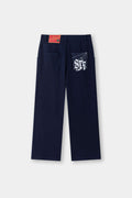 Denim-effect sweatpants with gothic STF embroidery, custom SSSTUFFF metal button, and leather patch with functional compass
