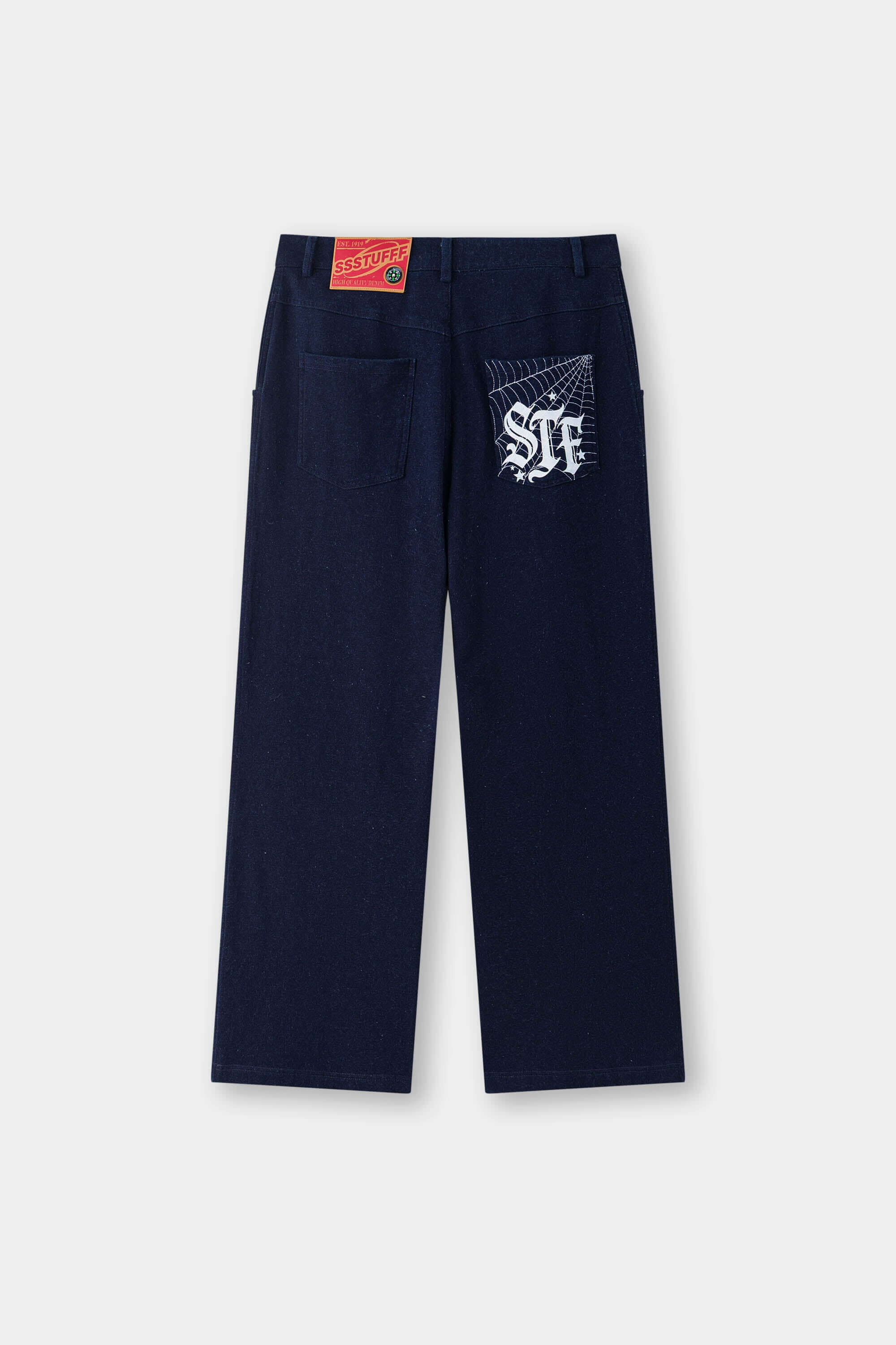 Denim-effect sweatpants with gothic STF embroidery, custom SSSTUFFF metal button, and leather patch with functional compass
