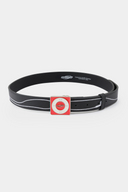 Black leather belt featuring a red and white square buckle designed to resemble a classic iPod Shuffle music player.
