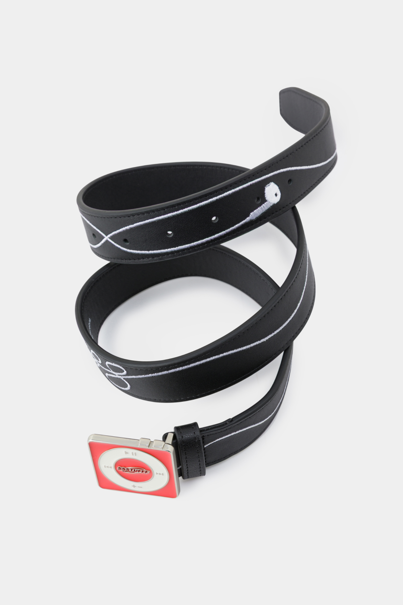 Black leather belt featuring a red and white square buckle designed to resemble a classic iPod Shuffle music player.