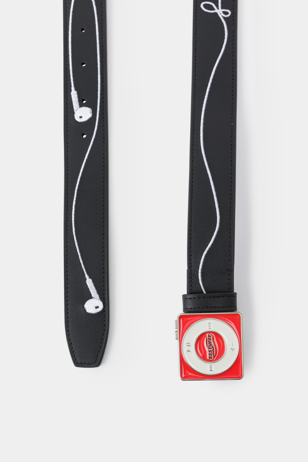 Black leather belt featuring a red and white square buckle designed to resemble a classic iPod Shuffle music player.