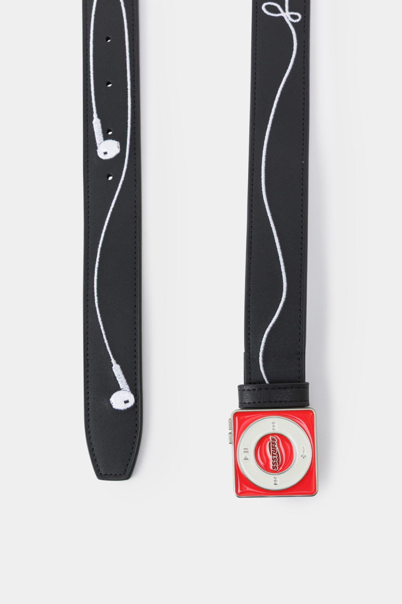 Black leather belt featuring a red and white square buckle designed to resemble a classic iPod Shuffle music player.