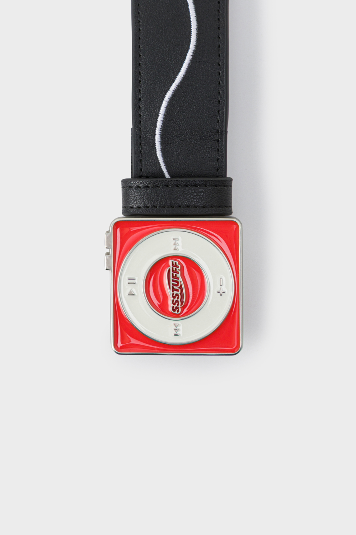 Black leather belt featuring a red and white square buckle designed to resemble a classic iPod Shuffle music player.