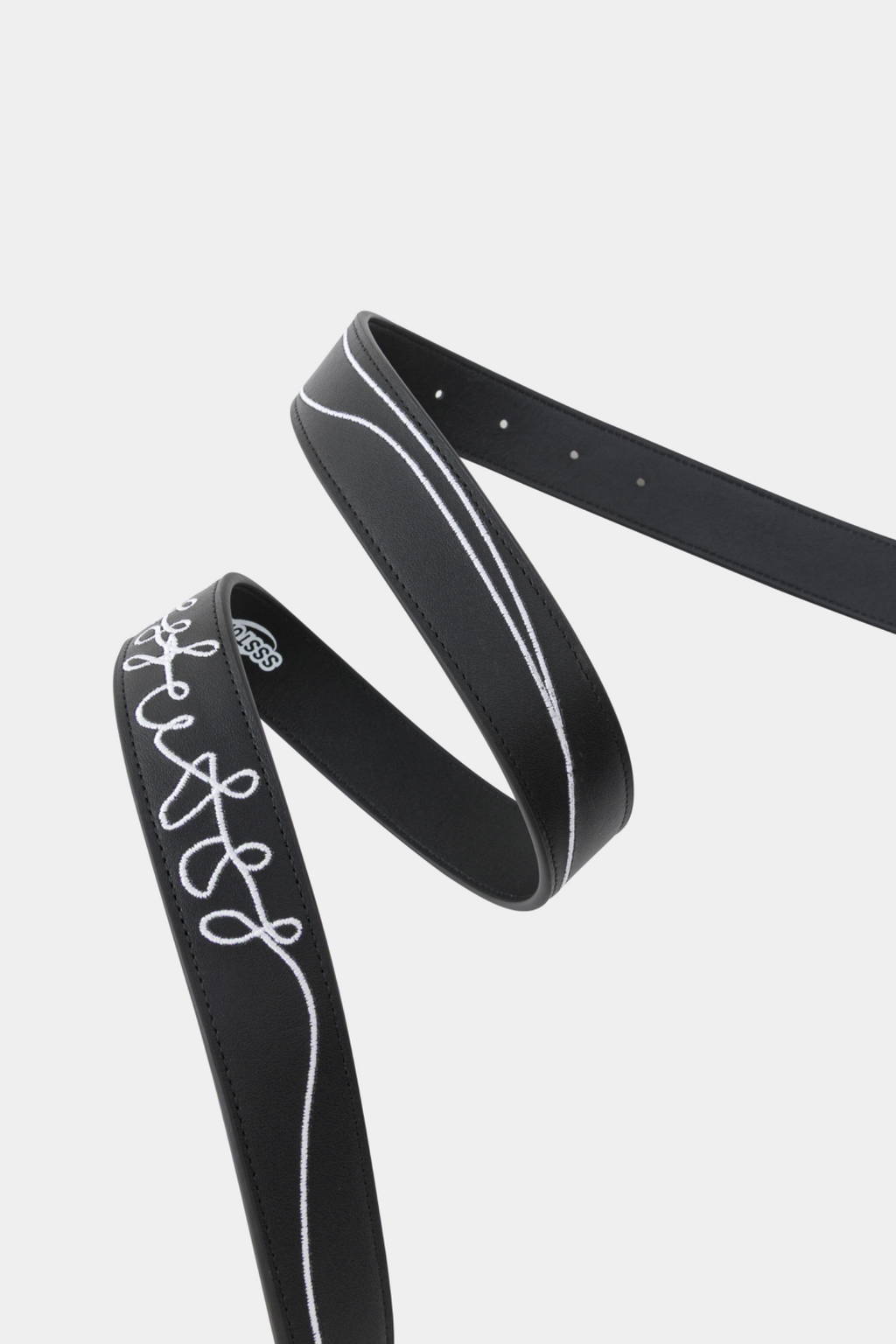 Black leather belt featuring a red and white square buckle designed to resemble a classic iPod Shuffle music player.