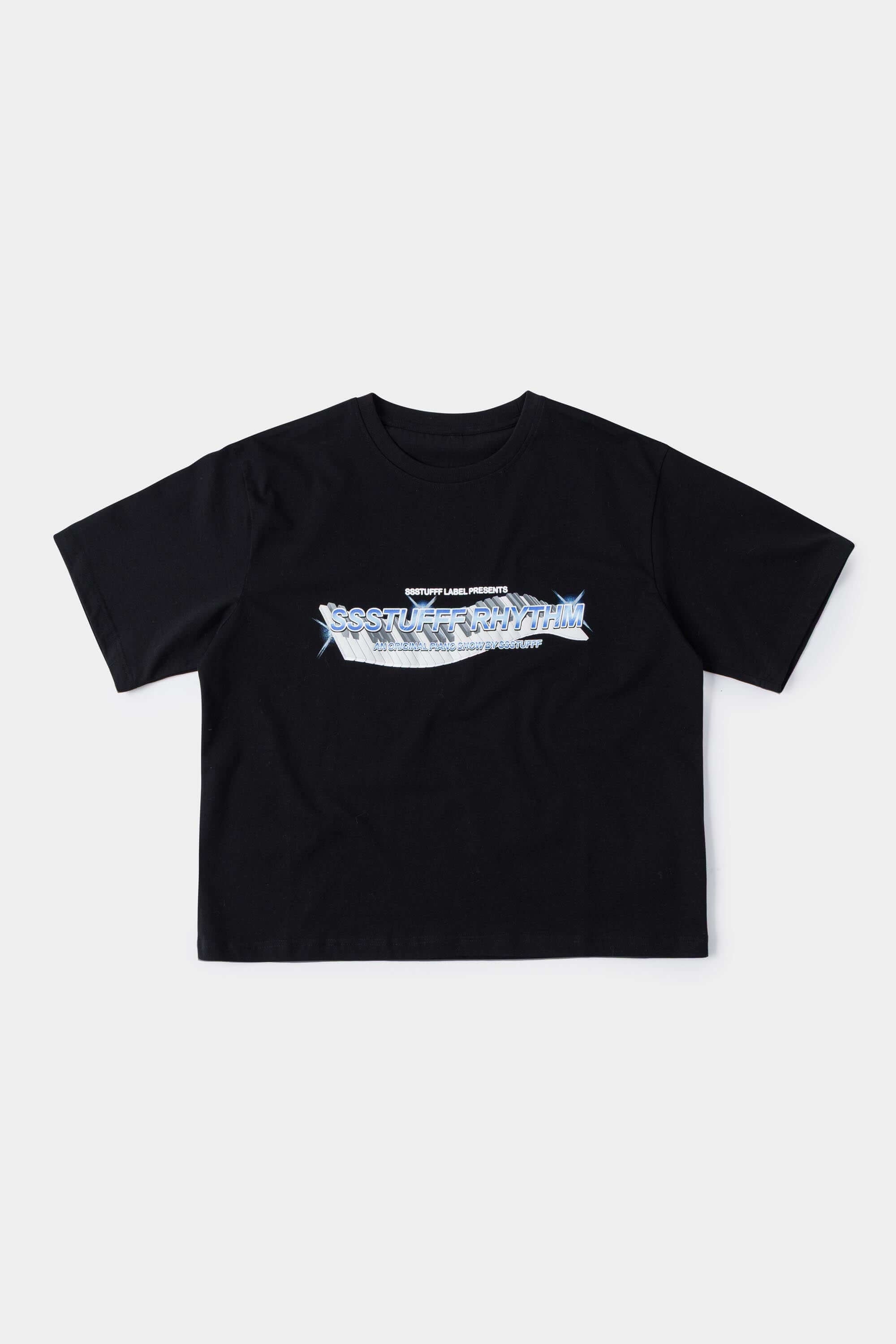 Black t-shirt with piano key graphic featuring raised puff print on white keys and SSSTUFFF Rhythm text