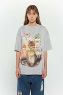 Oversized grey t-shirt with punk cats digital print graphic