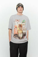 Oversized grey t-shirt with punk cats digital print graphic