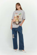 Oversized grey t-shirt with punk cats digital print graphic