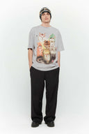 Oversized grey t-shirt with punk cats digital print graphic