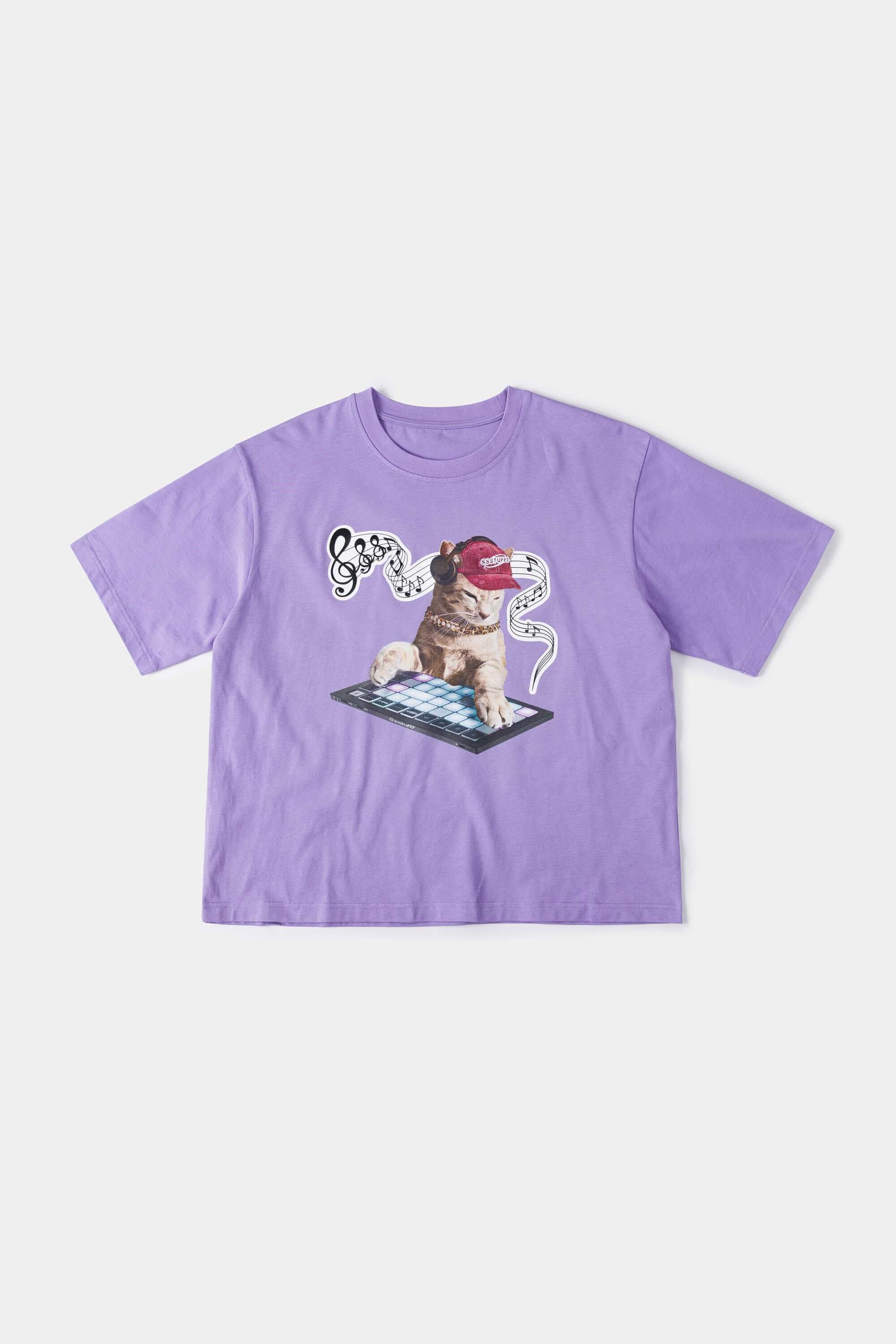 Purple t-shirt with embroidered SSSTUFFF logo and silicone-printed musical notes