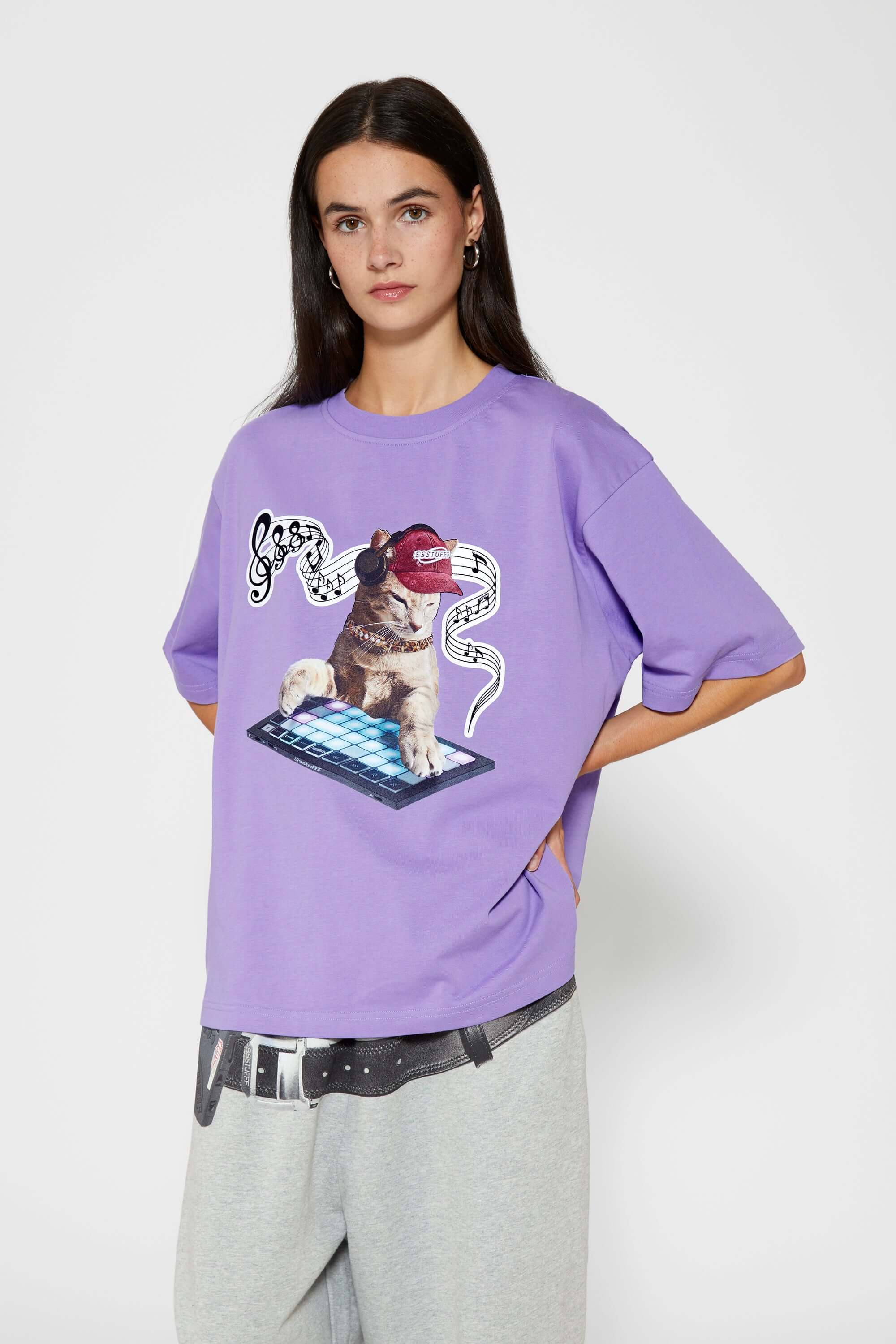 Purple t-shirt with embroidered SSSTUFFF logo and silicone-printed musical notes