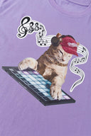 Purple t-shirt with embroidered SSSTUFFF logo and silicone-printed musical notes