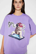 Purple t-shirt with embroidered SSSTUFFF logo and silicone-printed musical notes