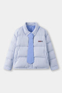 Reversible down puffer jacket with pinstriped shirt side and pastel blue side, includes two detachable ties