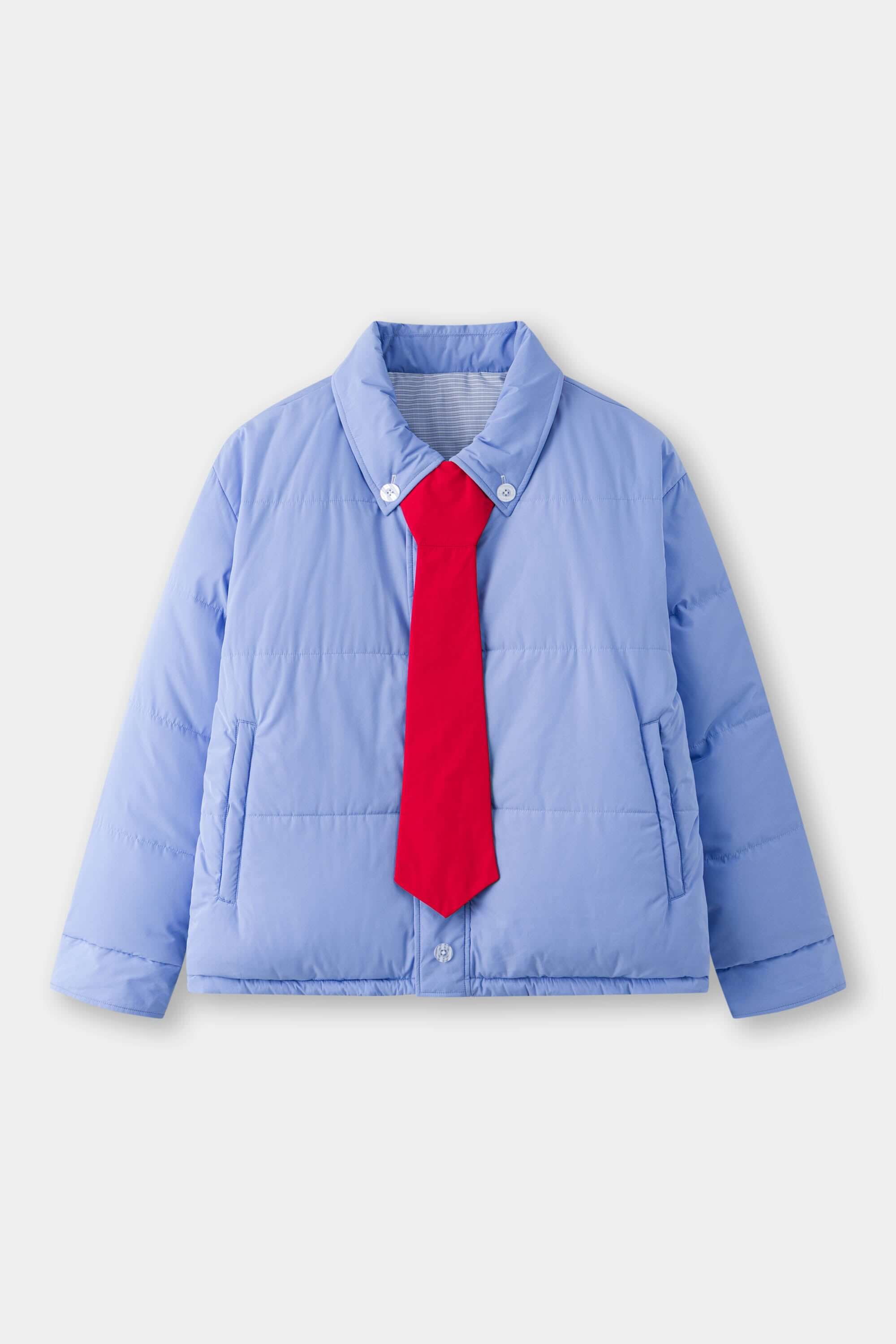 Reversible down puffer jacket with pinstriped shirt side and pastel blue side, includes two detachable ties