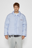Reversible down puffer jacket with pinstriped shirt side and pastel blue side, includes two detachable ties