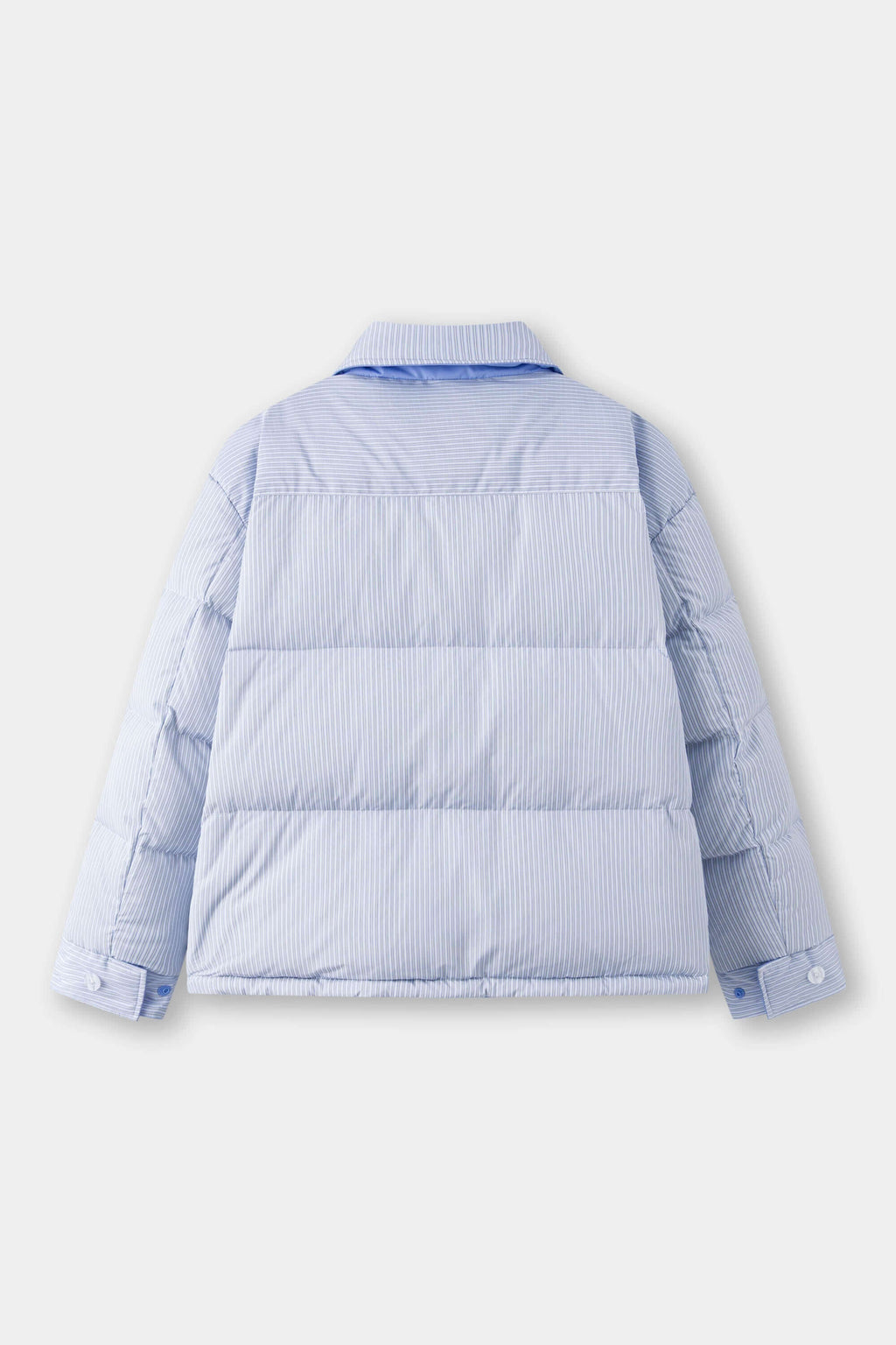 Reversible down puffer jacket with pinstriped shirt side and pastel blue side, includes two detachable ties