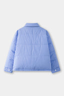 Reversible down puffer jacket with pinstriped shirt side and pastel blue side, includes two detachable ties