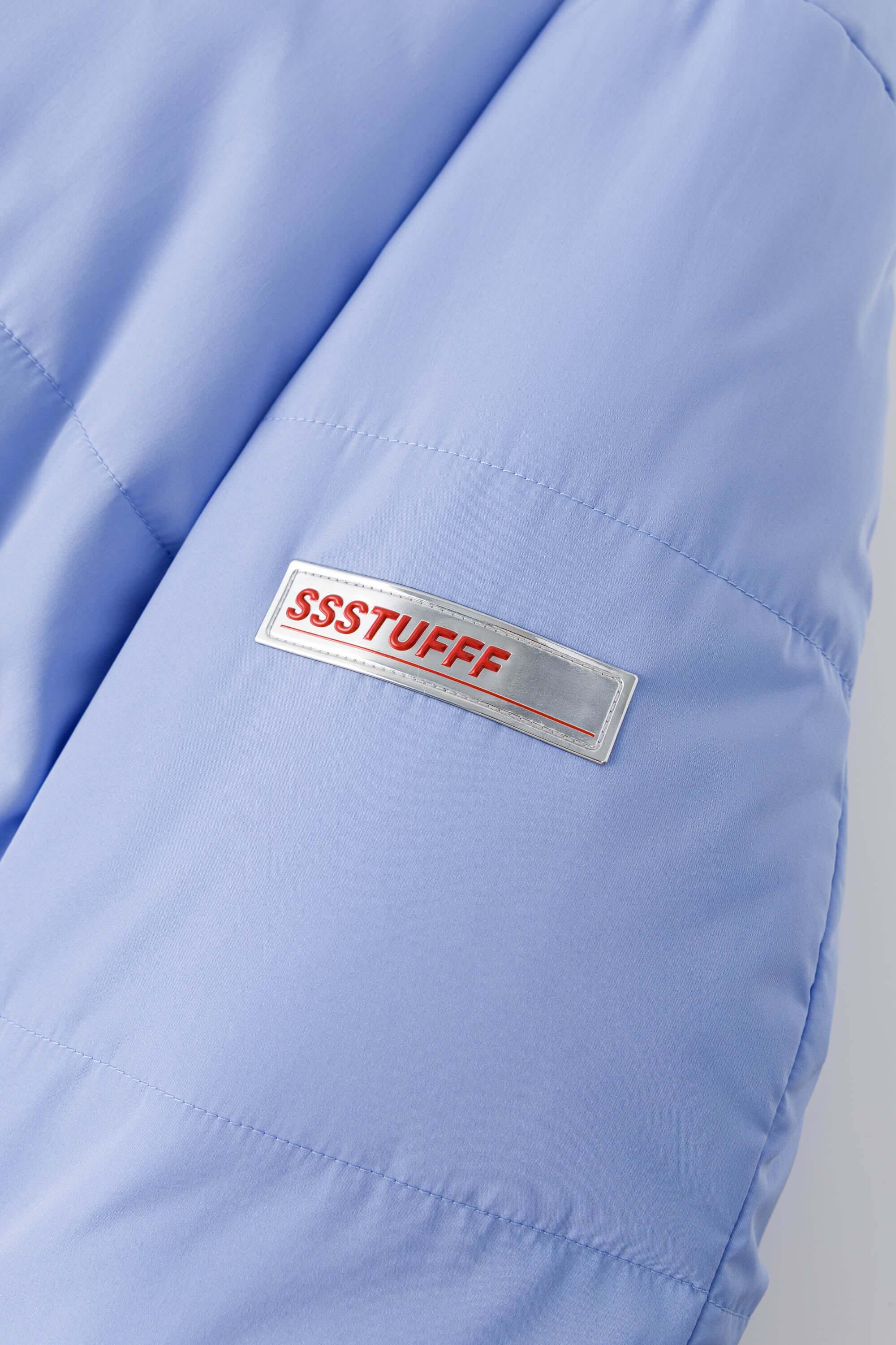 Reversible down puffer jacket with pinstriped shirt side and pastel blue side, includes two detachable ties