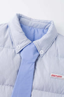 Reversible down puffer jacket with pinstriped shirt side and pastel blue side, includes two detachable ties