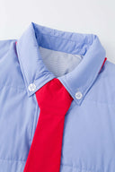 Reversible down puffer jacket with pinstriped shirt side and pastel blue side, includes two detachable ties