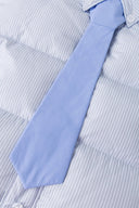 Reversible down puffer jacket with pinstriped shirt side and pastel blue side, includes two detachable ties