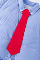 Reversible down puffer jacket with pinstriped shirt side and pastel blue side, includes two detachable ties