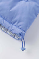 Reversible down puffer jacket with pinstriped shirt side and pastel blue side, includes two detachable ties