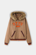Zip-up hoodie with S-shaped chain print, 3D embroidered 'STFU 2026' lettering, and detachable faux fur hood trim