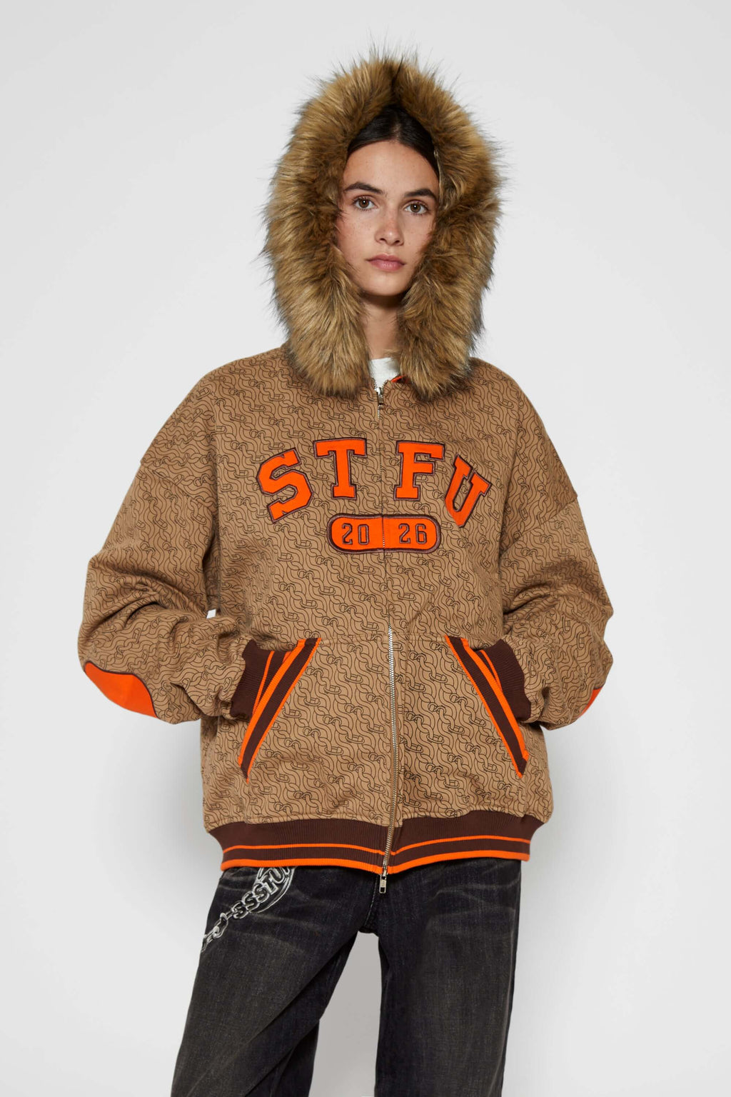 Zip-up hoodie with S-shaped chain print, 3D embroidered 'STFU 2026' lettering, and detachable faux fur hood trim
