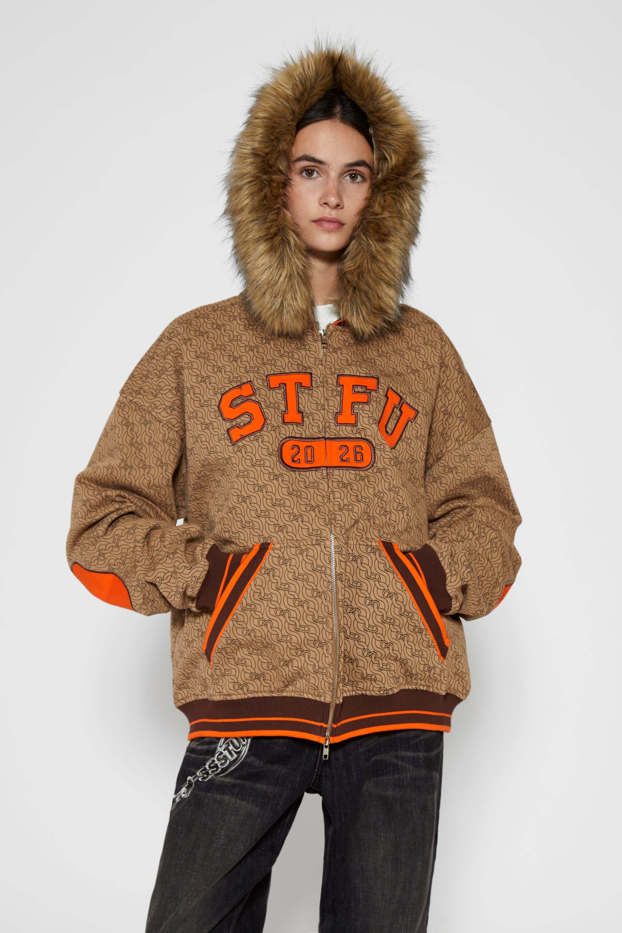 Zip-up hoodie with S-shaped chain print, 3D embroidered 'STFU 2026' lettering, and detachable faux fur hood trim