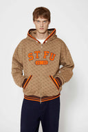 Zip-up hoodie with S-shaped chain print, 3D embroidered 'STFU 2026' lettering, and detachable faux fur hood trim