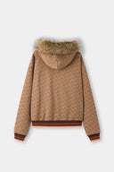 Zip-up hoodie with S-shaped chain print, 3D embroidered 'STFU 2026' lettering, and detachable faux fur hood trim